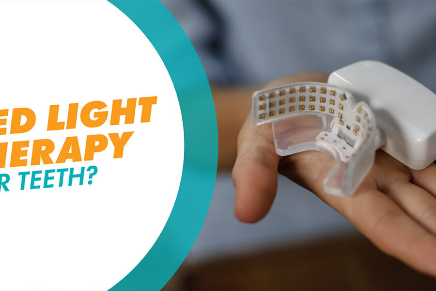 A picture of the OrthoPulse device with a text overlay that says red-light therapy for teeth?