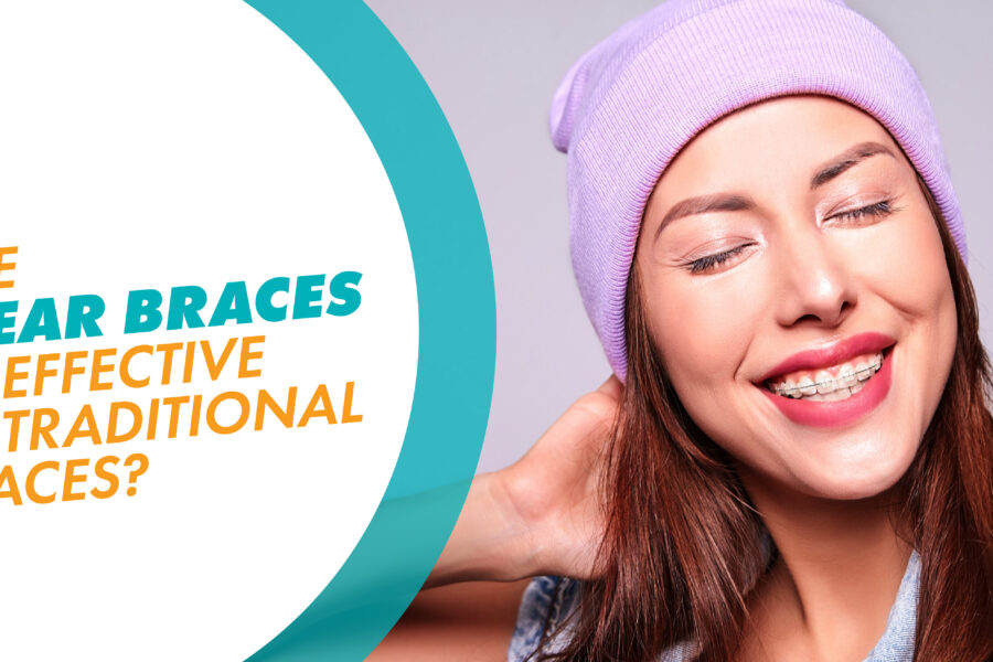 A woman smiling with a text overlay that says: Are clear braces as effective as traditional braces?