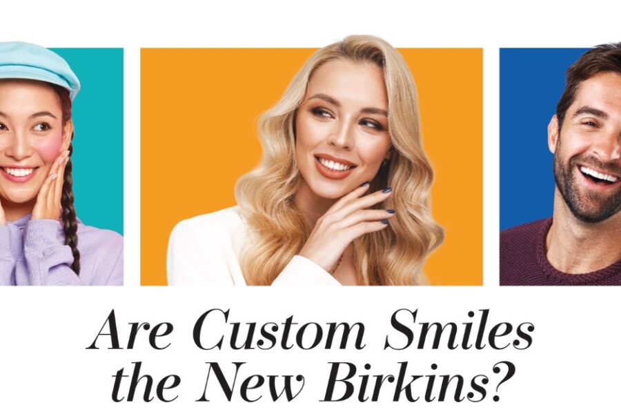 A screenshot of a magazine article with pictures of adults smiling and a headline that says "Are Custom Smiles The New Birkins?"