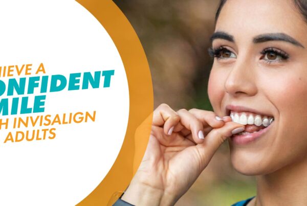 A woman putting in an Invisalign aligner with a text overlay that says "Achieve a Confident Smile With Invisalign for Adults"