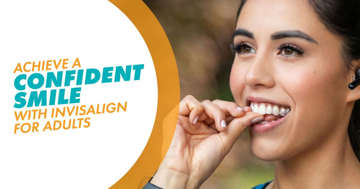 A woman putting in an Invisalign aligner with a text overlay that says "Achieve a Confident Smile With Invisalign for Adults"