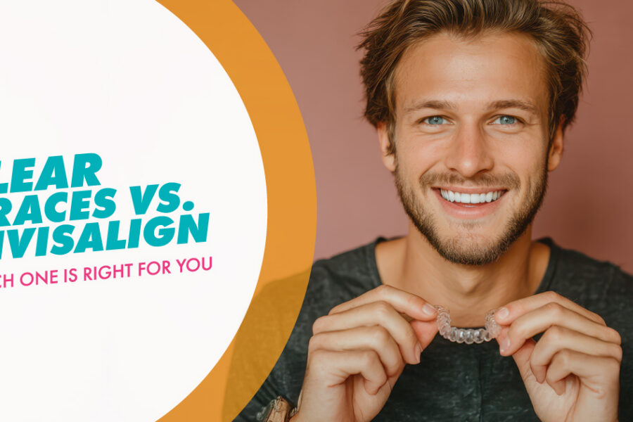 A man smiling holding a clear aligner with a text overlay that says: Clear Braces vs. Invisalign: Which One is Right For You?