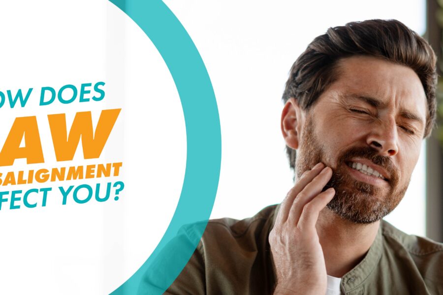 A man grimacing and holding his jaw with a text overlay that says "How Does Jaw Misalignment Affect You?"