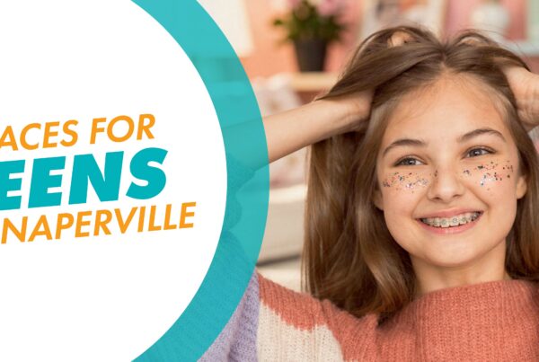 A picture of a teen with her hands in her hair smiling with braces with a text overlay that says Braces for Teens in Naperville